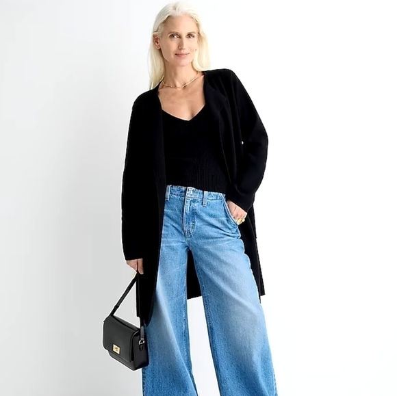 J. Crew Black Linen Blend Collarless Juliette Long Sweater Blazer M - Picture 1 of 7